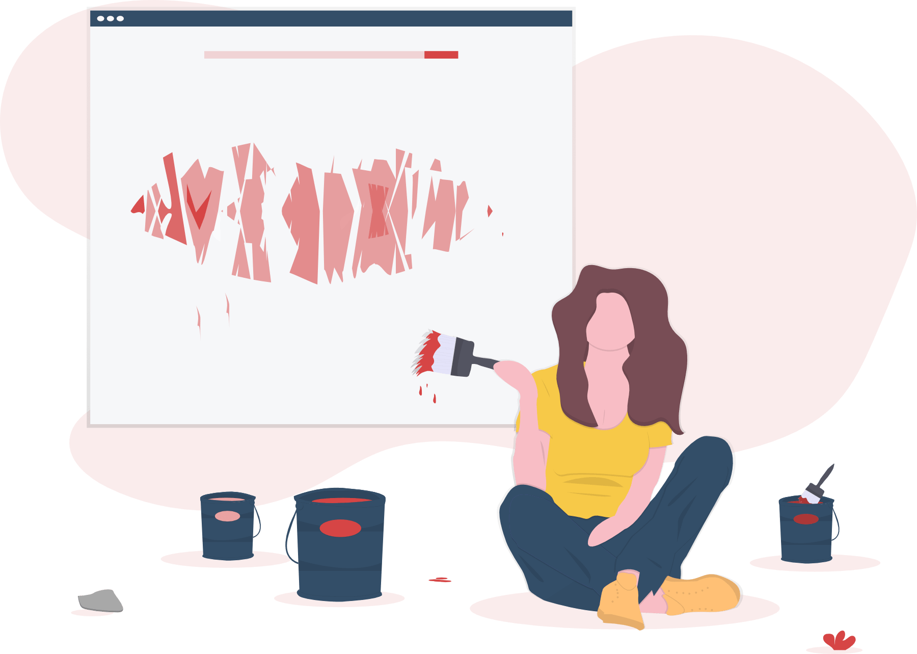 picture of a lady sitting on the floor and facing the camera and holder a paint brush. Behind her a big canvas showing a painting in progress and in the floor besides here are paint buckets scattered everywhere.